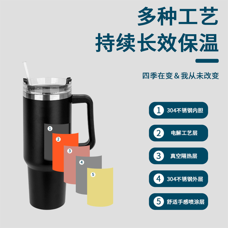 Vaso térmico de acero inoxidable 40oz doble capa con asa y pajita portátil para coche y exteriores