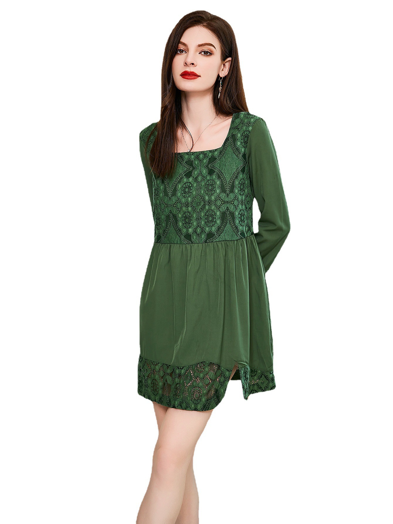 La primavera europea y americana y el verano el comercio exterior nueva ropa de mujer desea Amazon fuera del cuello de manga larga vestido de encaje MIDI vestido