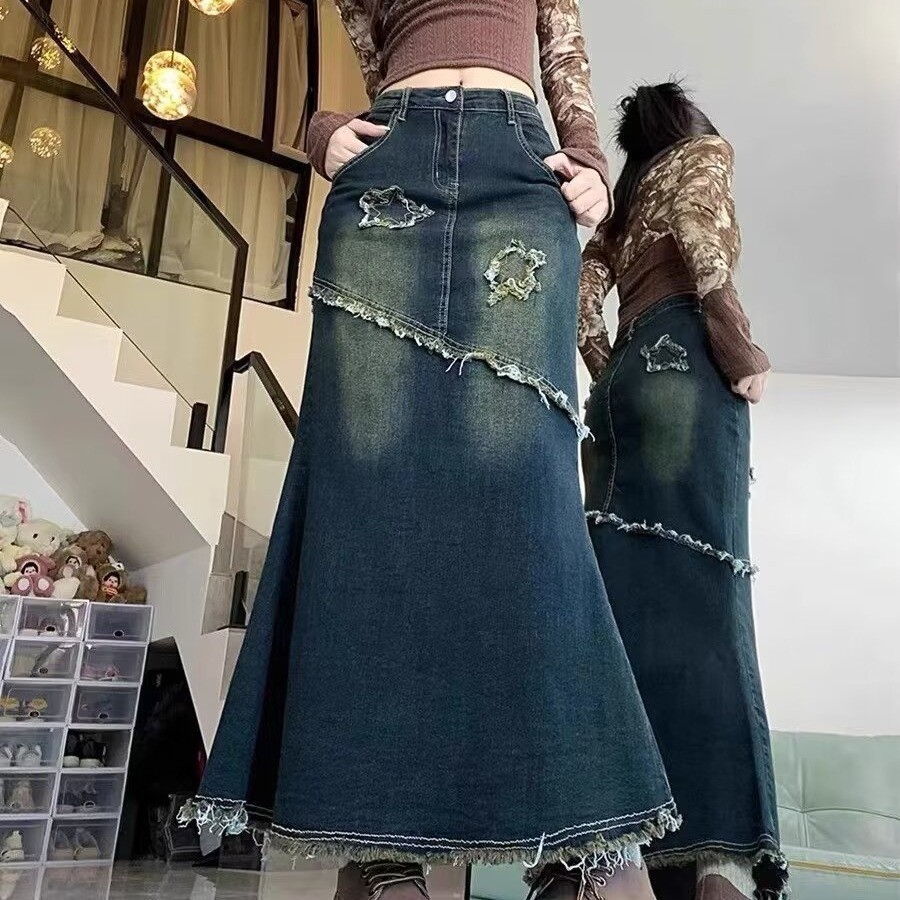Retro summer design long denim skirt