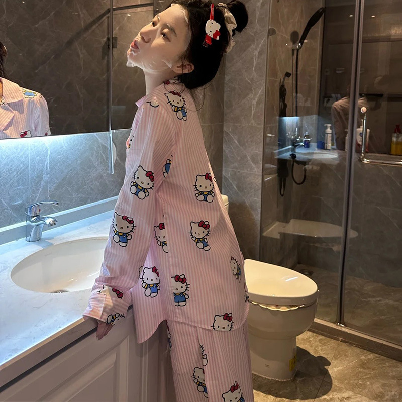 2025新款条纹kitty猫冰丝睡衣女春秋季长袖休闲风家居服夏天短袖|undefined