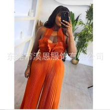 Miyaki三宅褶皱性感吊带蝴蝶花边绑带+阔腿长裤两件套女装Dres跨