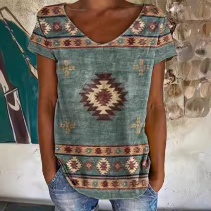 2024 cross-border hot selling Xi Yin Amazon independent station women's retro Western ethnic style printed short sleeve t-shirt