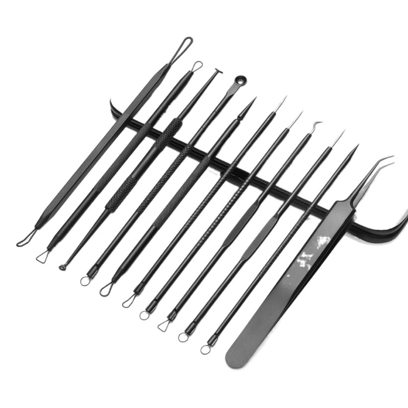 Douyin-aguja para acné de acero inoxidable, juego de 11 piezas, aguja para acné de doble cabeza negra para natación, herramienta de belleza, clip para celda