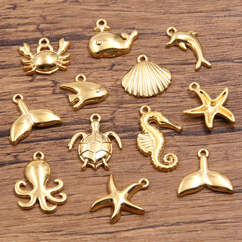 10 vacuum plating gold stainless steel marine life pendant starfish shell turtle diy jewelry accessories