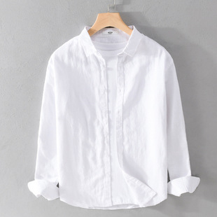 Y9206 Men's New Cotton and Linen Long-sleeved Shirt White Artistic All-match Casual Breathable Solid Color Linen Shirt for Men