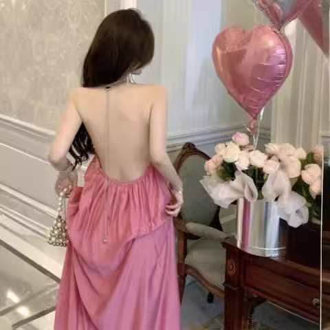 배경없는 목 프랑스 스타일 달콤한 휴일 해변 원피스 2024 여름 새로운 대형 느슨한 어깨 섹시한 원피스