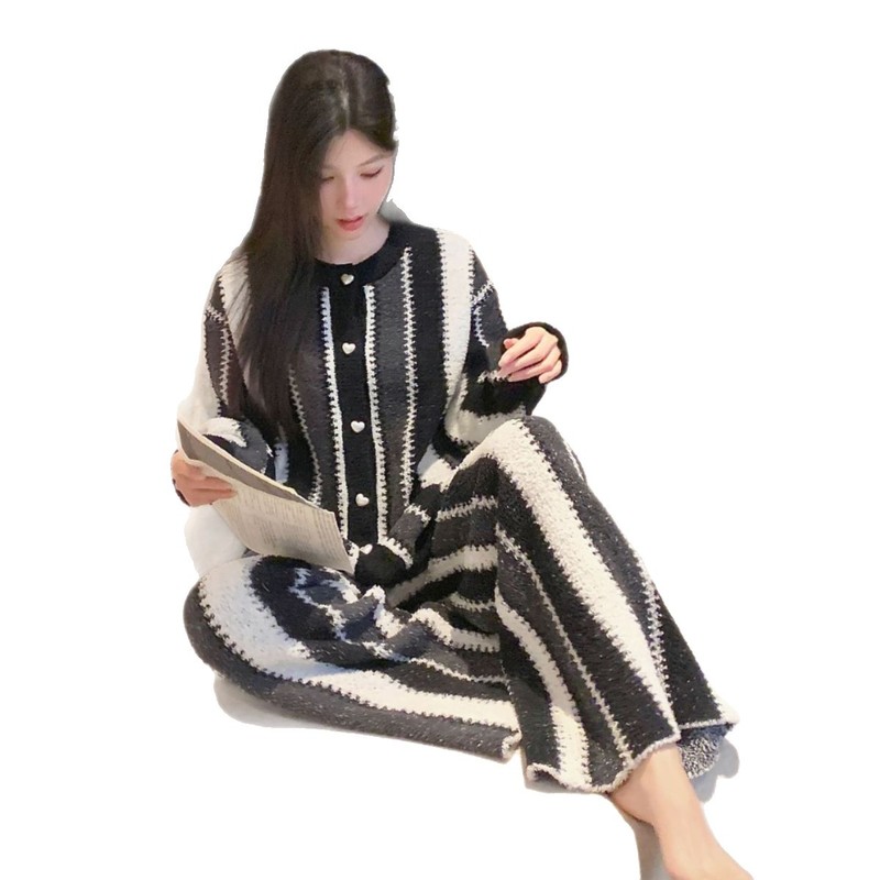 欧美风冬季半边绒睡衣宽松圆领开衫简约炸街软糯加厚慵懒家居服|undefined