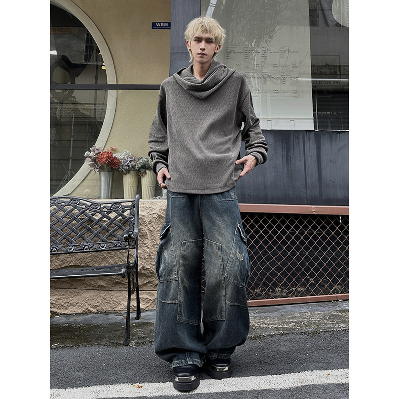 American Retro Atmosphere Scarf Collar Hooded Sweatshirt Men's Lazy Style Textured Top Cleanfit Jacket