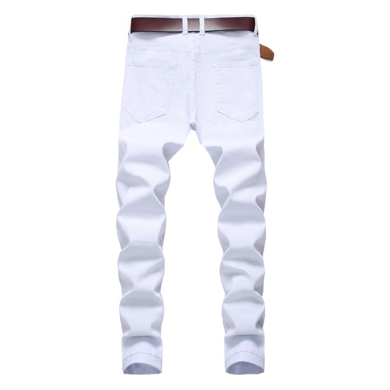 Cross-Border hombres casuales grandes pantalones elásticos rasgados slim fit Denim hombres multi-rasgado pantalones blancos