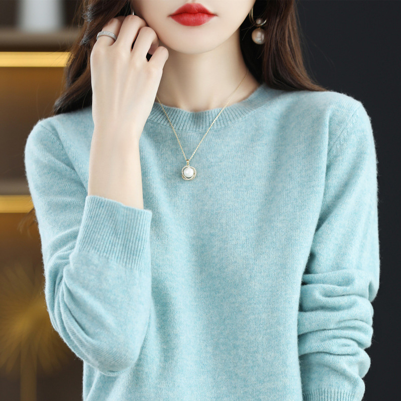 Nuevo otoño temprano cuello redondo 100 suéter de lana de las mujeres de moda simple flojo adelgazar punto manga larga que basa la camisa suéter de las mujeres