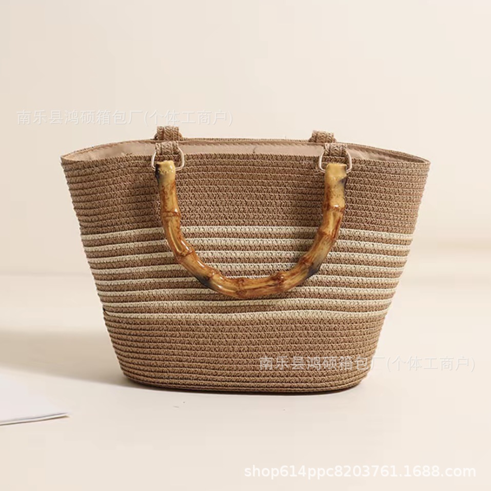 Fashionable Striped Woven Bag for Women 2024, Unique Bamboo-Like Handle, Trendy Handbag, Casual Straw Bag, Hand-Held