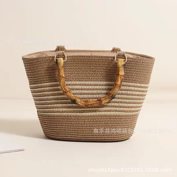 Fashionable Striped Woven Bag for Women 2024, Unique Bamboo-Like Handle, Trendy Handbag, Casual Straw Bag, Hand-Held