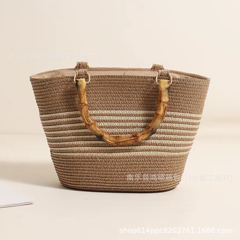 Fashionable Striped Woven Bag for Women 2024, Unique Bamboo-Like Handle, Trendy Handbag, Casual Straw Bag, Hand-Held Fashionable Striped Woven Bag for Women 2024, Unique Bamboo-Like Handle, Trendy Handbag, Casual Straw Bag, Hand-Held