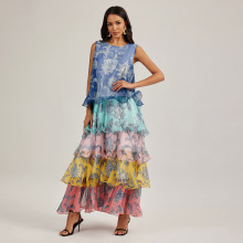 實拍度假風拼接花色印花撞色層蓬蓬蛋糕中長裙連衣裙