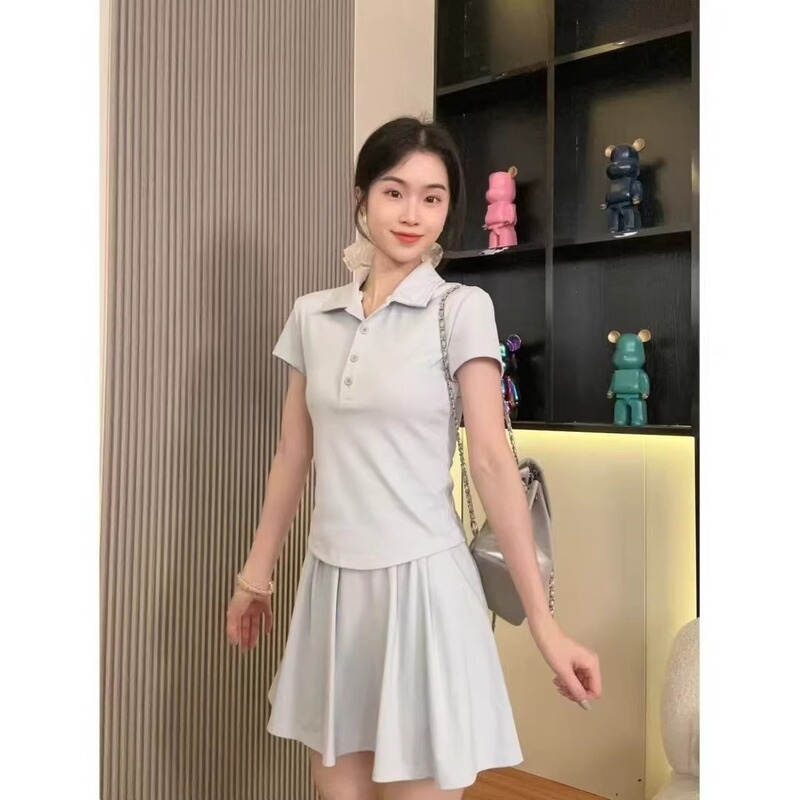 カレッジスタイルプリーツショートスカートスーツ女性用夏痩身トップス半袖年齢軽減ファッションカジュアルツーピースセット|undefined