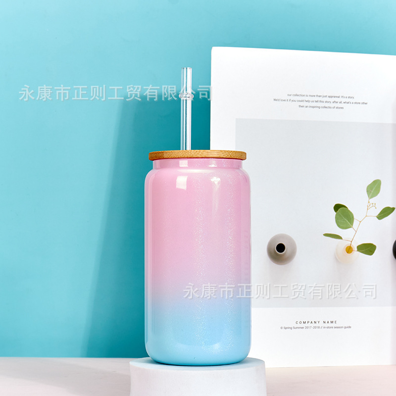 16oz comercio exterior gradiente de color de sublimación de vidrio electrochapado camaleón fluorescente arco iris pintura vidrio taza de agua taza de masón