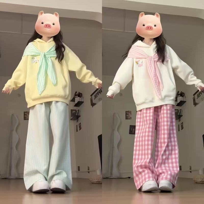 2025秋冬季设计感格子拼接格纹拉链外套韩系校园风宽松连帽女卫衣|undefined