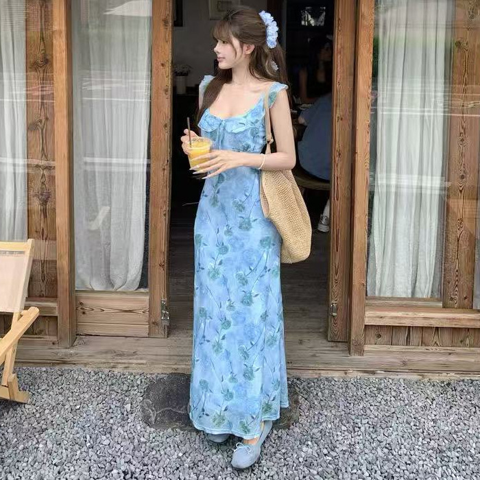 法式蓝色玫瑰花V领系带连衣裙女夏季2025新款甜美收腰绝美A字长裙|undefined