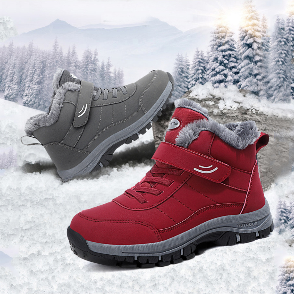 女士冬季加绒加厚防滑雪地靴防水舒适健步靴魔术贴圆头低帮老人鞋