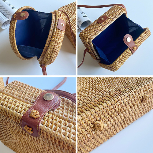 Wholesale rattan bag ins cross-body mini bag Forest basket retro literary hand-woven shoulder leather buckle bag