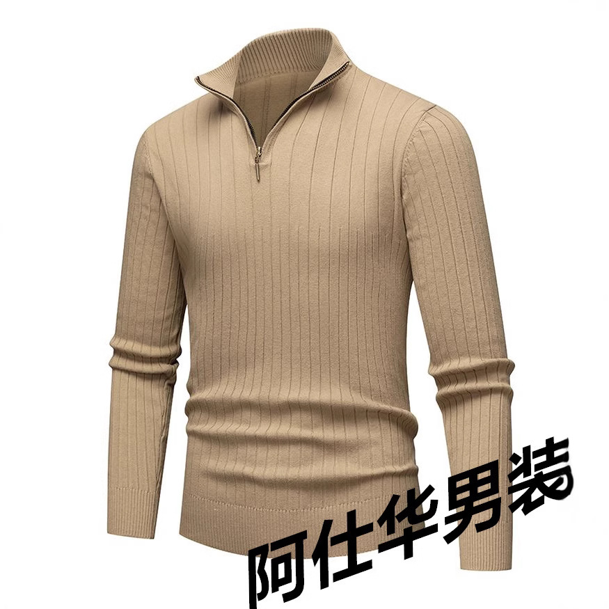 Suéter masculino primavera / otoño / invierno de manga larga cuello sólido hombre medio cremallera comercio exterior simple camisa de punto de color sólido casual
