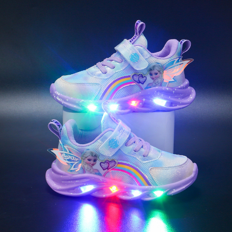 Giày bé gái có đèn 2024 xuân thu mới phong cách lưới thoáng khí giày thể thao trẻ em đa năng giày công chúa bé gái