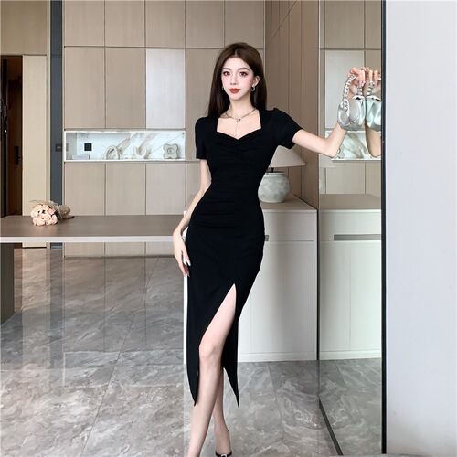 Large size summer dress, children's fat mm, waist, slimming, high-end split long dress, French Hepburn style small black dress
