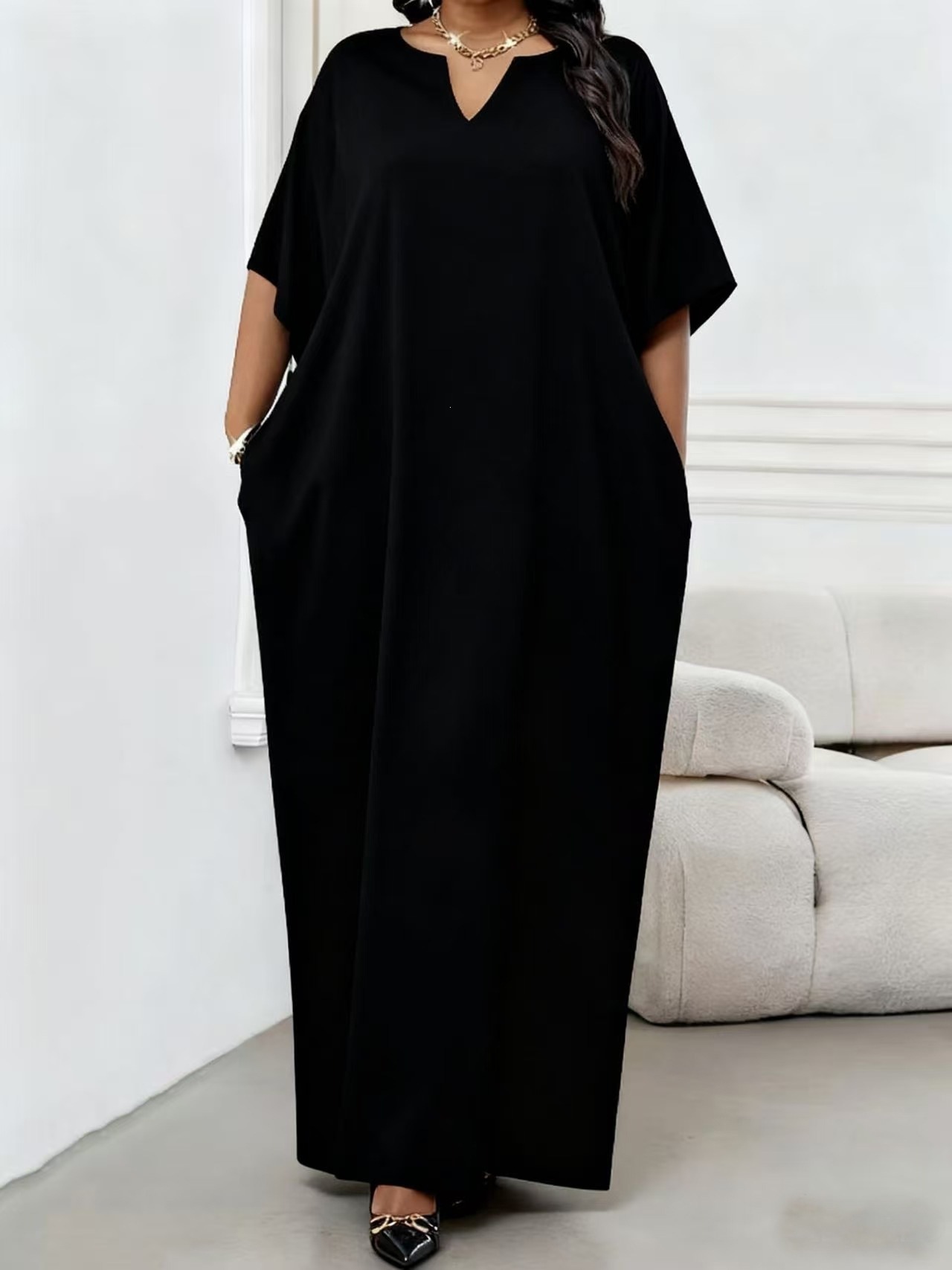 Women's Clothing Elegant V-Neck Long Dress Solid Color Plus Size Loose Fit Robe Fashionable_ecoleips.com