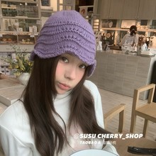 浪漫紫｜韩国代购纯色镂空花边毛线帽子女秋冬百搭显脸小针织盆帽