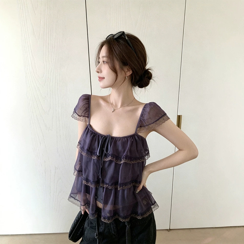 'Penhaligon' Ruffled Lace Tie Layered Short Sleeve Square Neck Camisole Top for Women, Summer Style