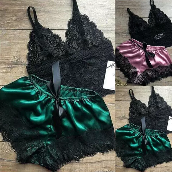 European and American Cross-border Sex Underwear Mesh Lace Two-piece Sling Pajamas suit Temptation Sexy Home Clothes