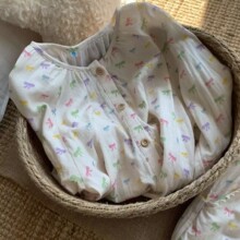 新品！简约可爱奶油蝴蝶结全棉双层纱圆领睡衣家居服套装长袖长裤