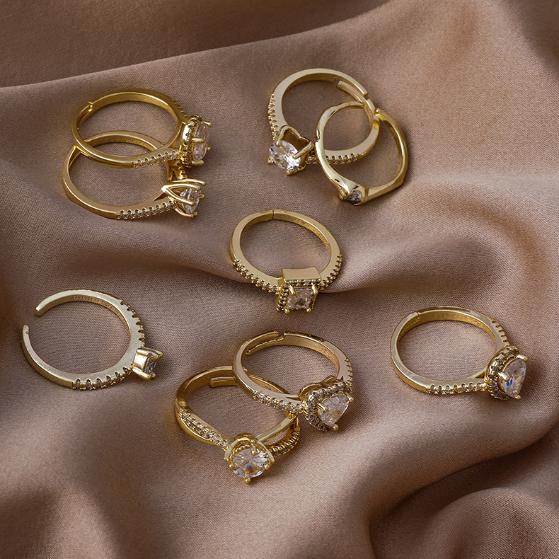 fashion micro-inlaid zircon heart square opening ring wholesale