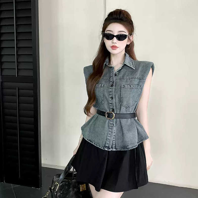 Denim Vest Thin Coat Women's New Summer Girl's Korean-style All-match Style Slim-fit Sleeveless Top with Belt Trendy Denim Vest Thin Coat Women's New Summer Girl's Korean-style All-match Style Slim-fit Sleeveless Top with Belt Trendy