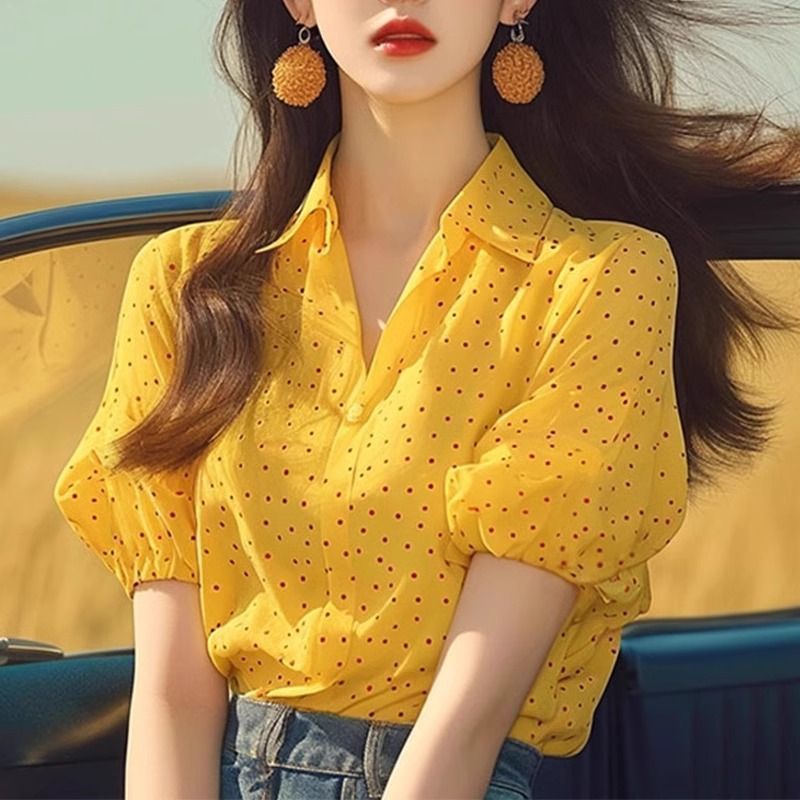 韓国シックで超見栄えの良い黄色の水玉模様のポロカラー半袖シャツ、女性用夏スタイルのユニークな通勤ニッチシャツ|undefined