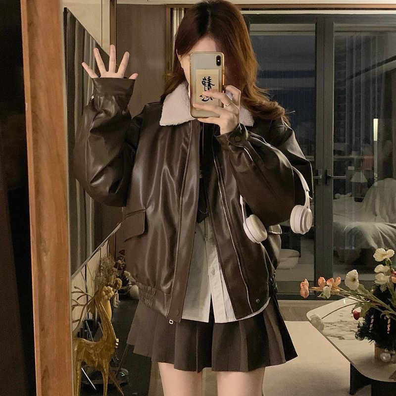 Maillard Brown Motorcycle Pu Leather Jacket Plus Velvet Thickened Jacket Women's Winter 2025 Spring American Retro Loose Cotton Jacket