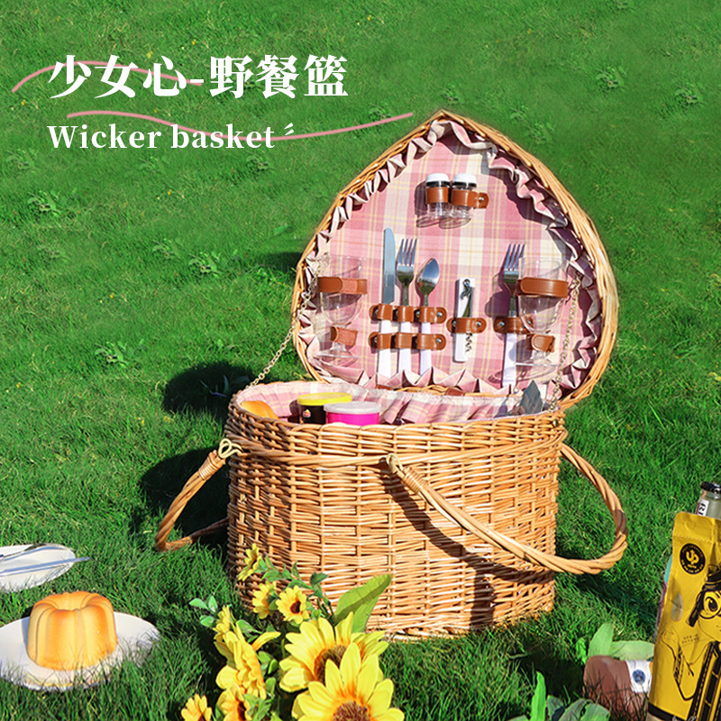 Canasta de picnic ins cesta de almacenamiento de ratán con vajilla accesorios de fotografía de picnic excursión de primavera conjunto completo suministros red cesta roja