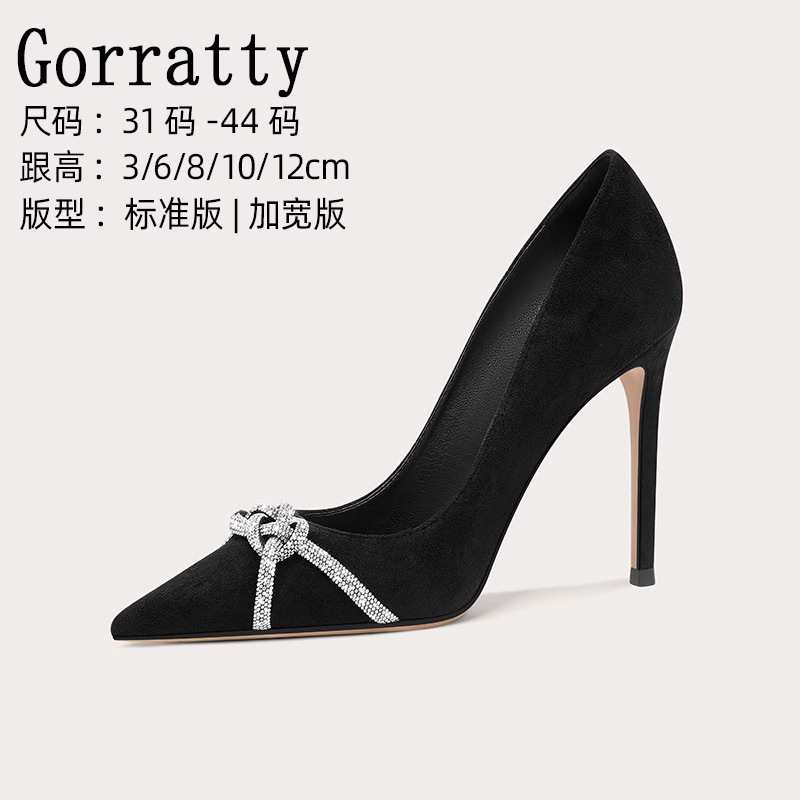 Extra Wide Black High Heels French Stiletto Rhinestone Fashion Elegant Single Shoes plus size Women's Shoes 41 to 44 Genuine Leather