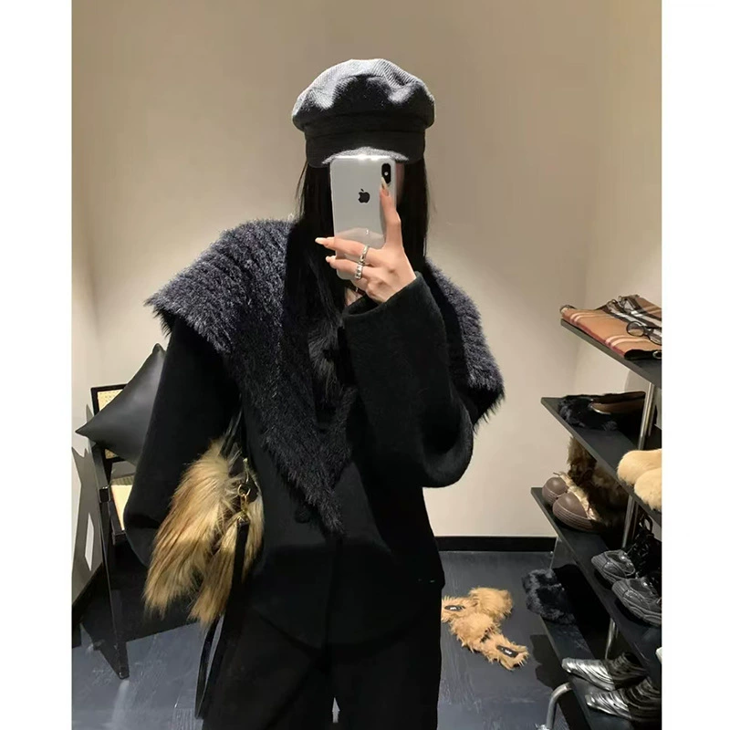 Трикотажное двухстороннее пиджак модной осенью и зимой короткий военно-морской воротник дикие свободные теплые корейские пальто для женщин