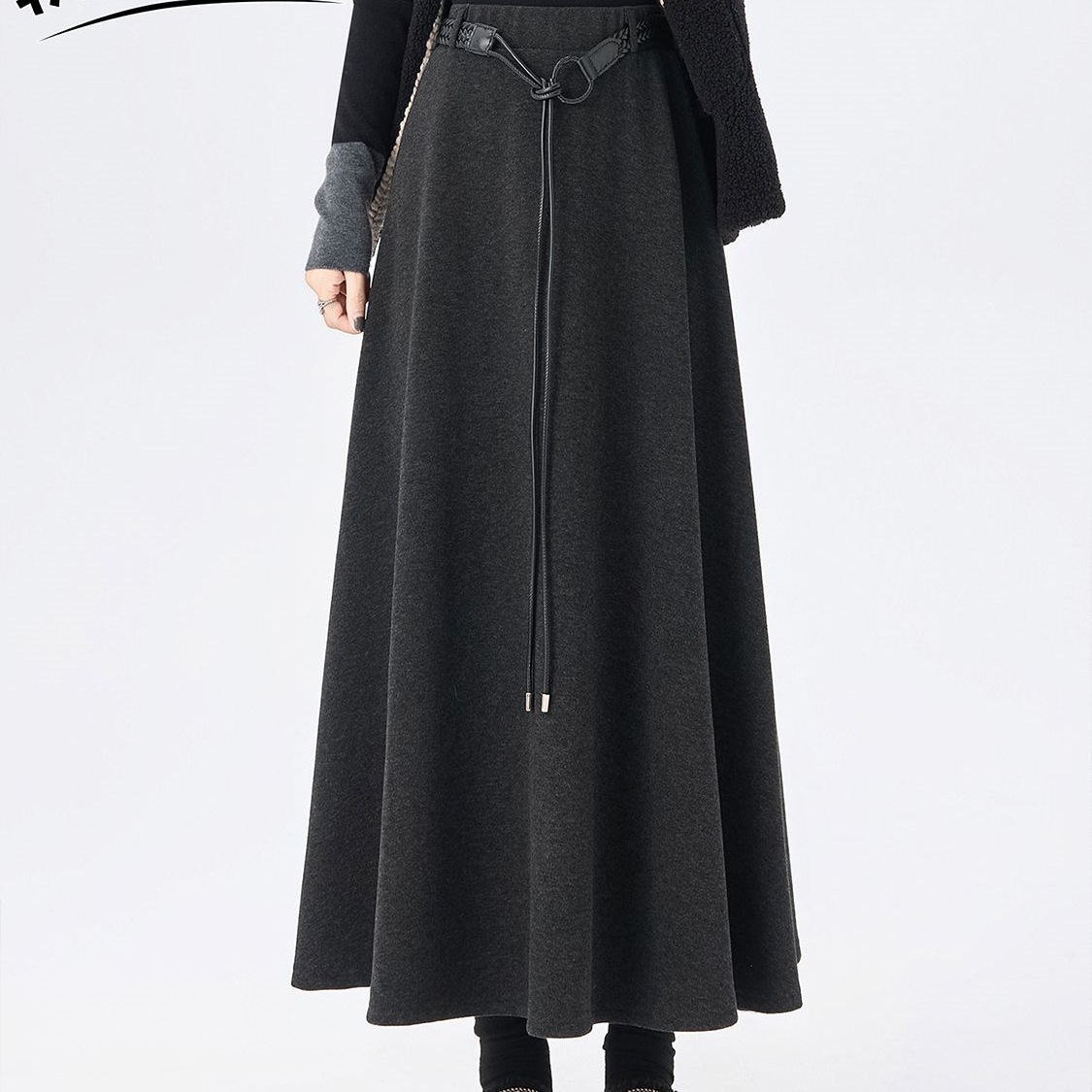 灰色加绒加厚毛呢高腰a字半身裙秋冬季新款修身显瘦遮跨大摆伞裙