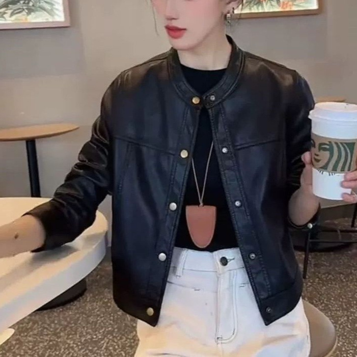 Haining Leather Jacket for Women, New Autumn and Winter Hot-Selling Style, Age-Reducing High-End Petite Biker Leather Jacket, Fleece-Lined and Thickened Version