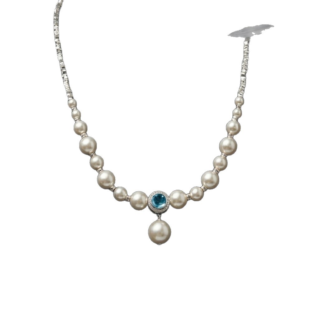 In-Stock Wholesale Aquamarine Light Luxury Elegant High-End Clavicle Chain Women's Niche Accessory Silver and Pearl Necklace