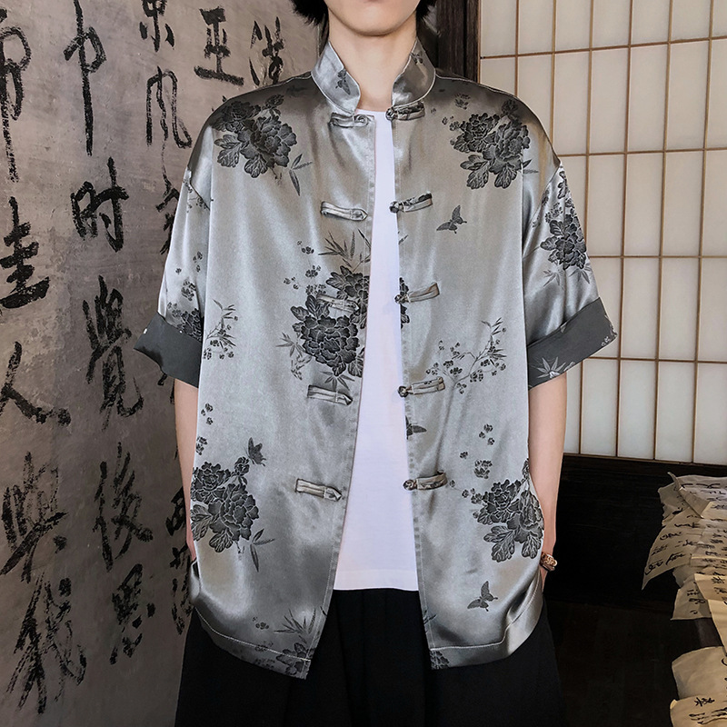 New Chinese Men's Acetic Acid Satin Short-sleeved Shirt Ice Silk Draped High-end Style Vertical Collar Buckle Shirt Jacquard Tang Suit New Chinese Men's Acetic Acid Satin Short-sleeved Shirt Ice Silk Draped High-end Style Vertical Collar Buckle Shirt Jacquard Tang Suit