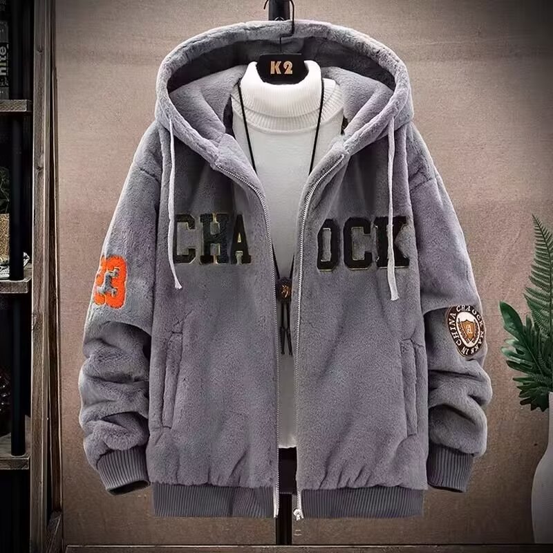 (2개) 가을과 겨울 자켓 전국 조수 양고기 벨벳 두꺼운 따뜻한 자수 스웨트 셔츠 남자의 느슨한 지퍼 커플 후드 재킷