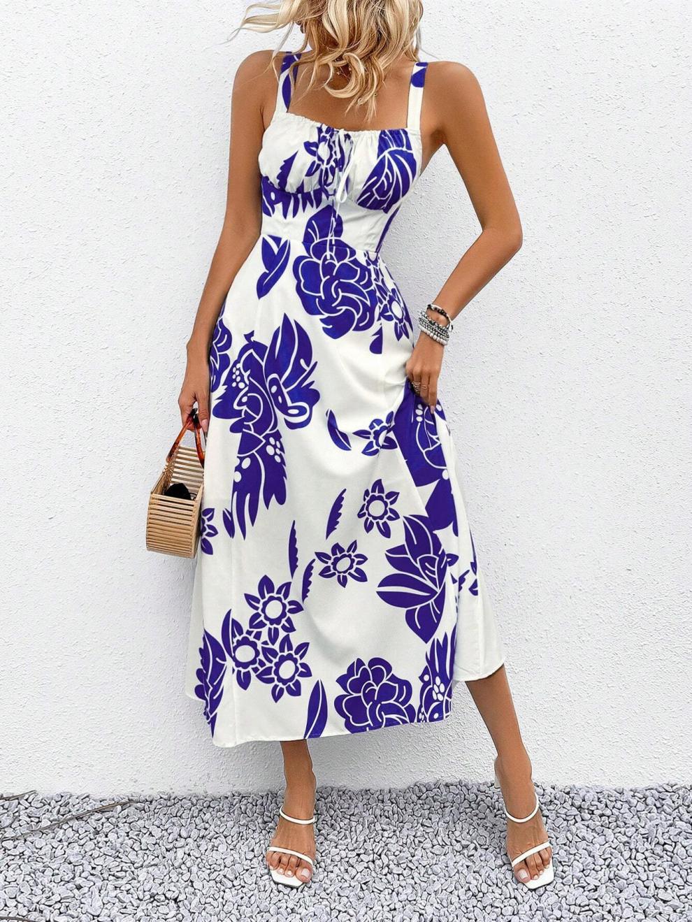 227g Weight Midi Dress Dress Length Type Sleeveless Sleeve Length Strap Dress Dresses Type Sleeveless Sleeve Type Polyester Fabric Type Elastic Waist Waist Line Holiday Occasion Strap Neckline Regular Fit Fit Type Flower Pattern Summer Season Women's Gender Streetwear Style Wholesale Women's Streetwear Flower Holiday Strap Sleeveless Strap Dress 19