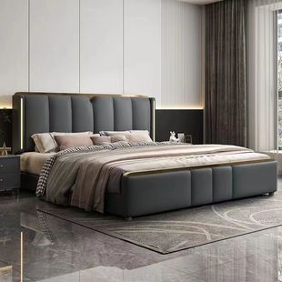 Italian-Style Bed, Light Luxury Internet Celebrity Bed, Modern Minimalist Master Bedroom Large Bed, New Home Bed with Lamp, Foshan