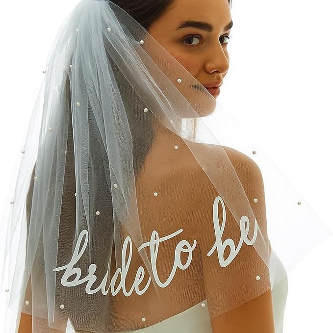 欧美Bride to Be珍珠头纱婚礼派对新娘烫字双层头纱单身派对头纱|undefined