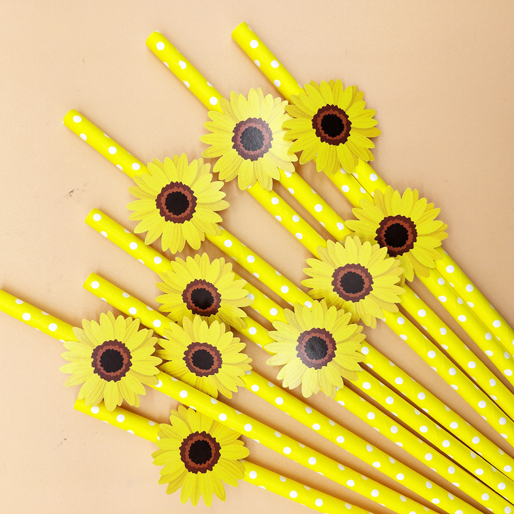 Paja de papel rojo neto girasol sol flor Tarjeta de paja desechable degradable postre fiesta decoración paja