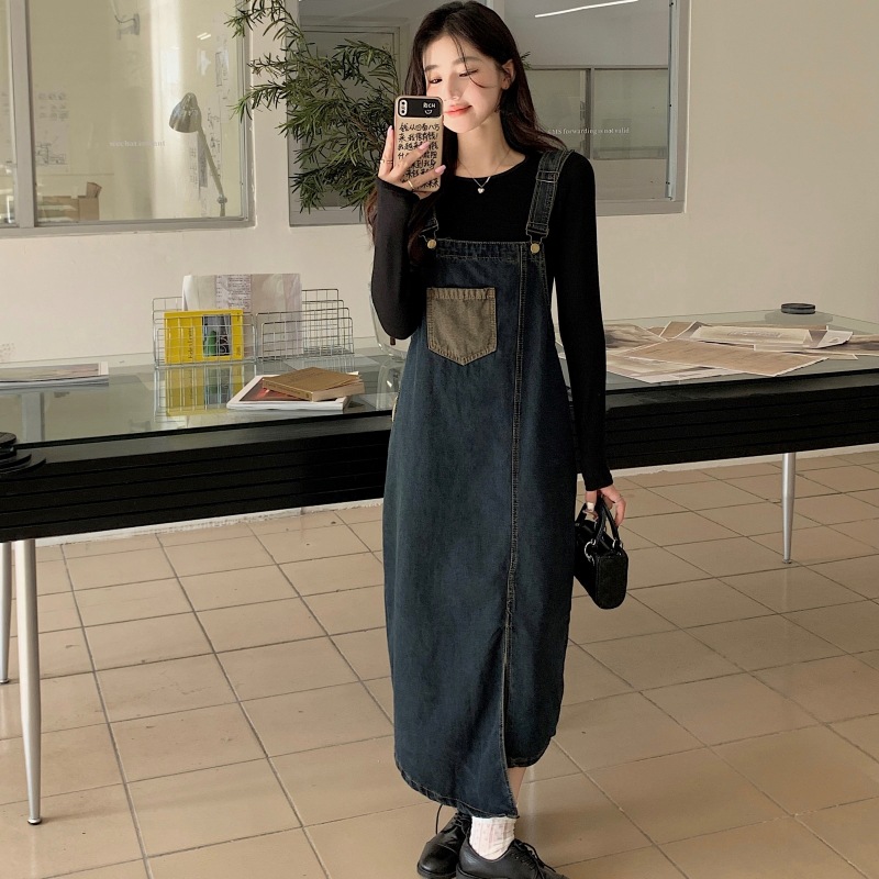 Ropa de embarazo de otoño 2025 nuevo estilo coreano de moda vaquero vestido de cinturón negro de dos piezas vestido de embarazo