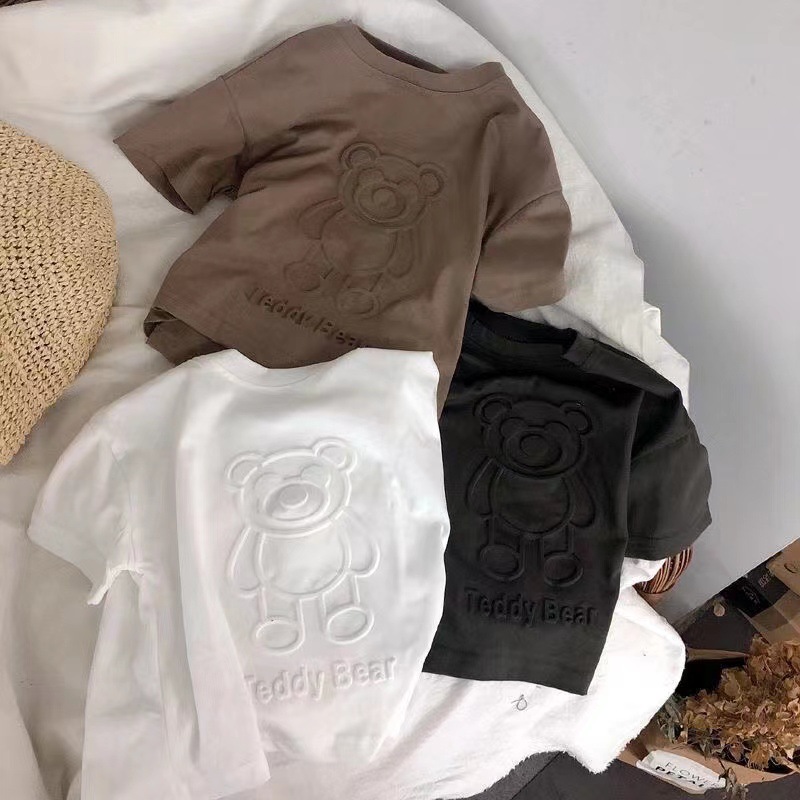 純棉中小兒童夏季新款短袖T恤男童女童可愛凹凸小熊立體印花上衣
